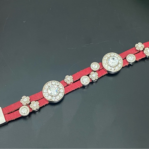 Red Genuine Leather Rhinestone Charms 7 1/2” Toggle Bracelet 36g. - Picture 6 of 15